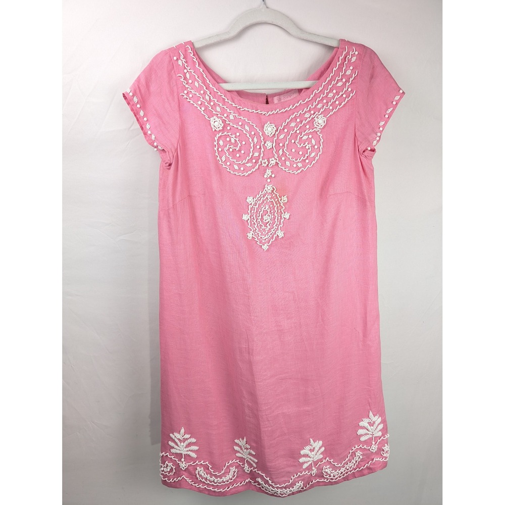 Lilly Pulitzer Linen Beaded Embroidered Mini Shift Dress Sz 2 Pink Resort Party